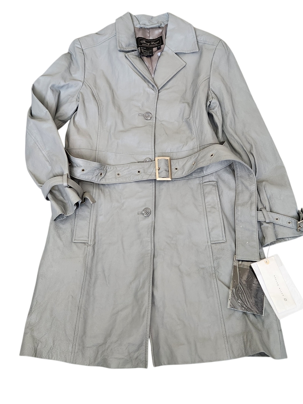 NWT Terry Lewis Classic Luxuries Leather Trench Coat Women XS Gray Belted Lined